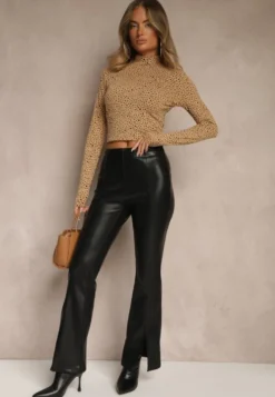 Brązowa Bawełniana Bluzka z Golfem Typu Longsleeve w Groszki Neatte