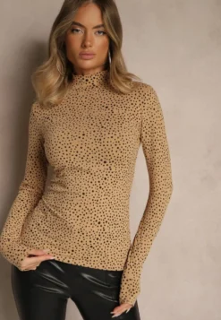 Brązowa Bawełniana Bluzka z Golfem Typu Longsleeve w Groszki Neatte