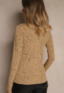 Brązowa Bawełniana Bluzka z Golfem Typu Longsleeve w Groszki Neatte