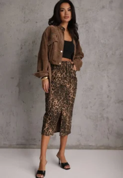Brązowa Bawełniana Spódnica w Panterkę High Waist z Rozcięciem z Przodu Harilie
