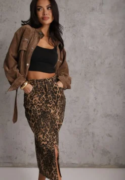 Brązowa Bawełniana Spódnica w Panterkę High Waist z Rozcięciem z Przodu Harilie