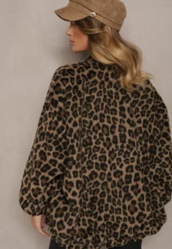 Brązowa Bluza z Lnem Oversize w Panterkę Tinnestira