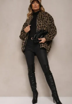 Brązowa Bluza z Lnem Oversize w Panterkę Tinnestira