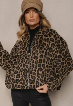 Brązowa Bluza z Lnem Oversize w Panterkę Tinnestira