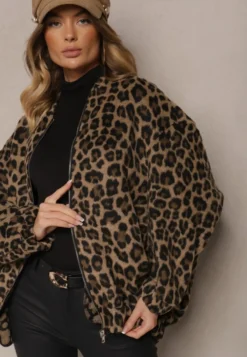 Brązowa Bluza z Lnem Oversize w Panterkę Tinnestira