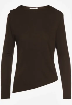 Brązowa Bluzka Longsleeve o Asymetrycznym Kroju z Poduszkami w Ramionach Tusandia