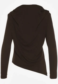 Brązowa Bluzka Longsleeve o Asymetrycznym Kroju z Poduszkami w Ramionach Tusandia