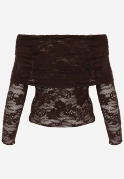 Brązowa Bluzka Longsleeve z Koronki z Wywijanym Dekoltem z Odkrytymi Ramionami Amarie
