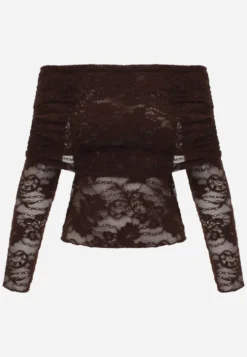 Brązowa Bluzka Longsleeve z Koronki z Wywijanym Dekoltem z Odkrytymi Ramionami Amarie