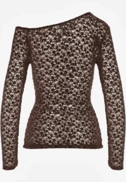 Brązowa Bluzka Longsleeve z Koronki z Asymetrycznym Dekoltem Liwedisa