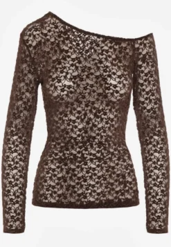 Brązowa Bluzka Longsleeve z Koronki z Asymetrycznym Dekoltem Liwedisa