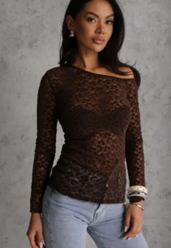 Brązowa Bluzka Longsleeve z Koronki z Asymetrycznym Dekoltem Liwedisa