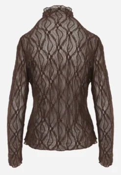 Brązowa Bluzka Longsleeve z Koronkowej Siateczki z Domieszką Wiskozy Pirina