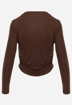 Brązowa Bluzka Longsleeve z Marszczeniem z Półtransparentnej Tkaniny z Lyocellu Kiava