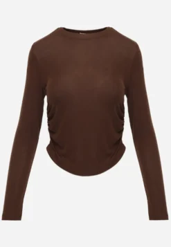 Brązowa Bluzka Longsleeve z Marszczeniem z Półtransparentnej Tkaniny z Lyocellu Kiava
