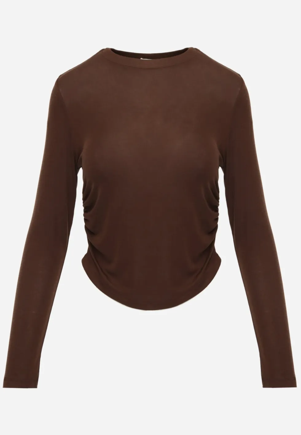 Brązowa Bluzka Longsleeve z Marszczeniem z Półtransparentnej Tkaniny z Lyocellu Kiava