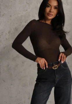 Brązowa Bluzka Longsleeve z Wiskozy i Kaszmiru Unelle