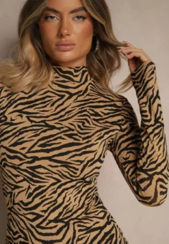 Brązowa Bluzka z Bawełny Typu Longsleeve z Golfem w Zebrę Cralissa