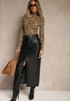 Brązowa Bluzka z Bawełny Typu Longsleeve z Golfem w Zebrę Cralissa