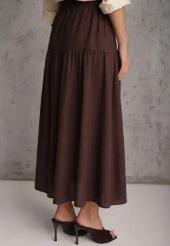 Brązowa Elegancka Spódnica z Wiskozą i Lnem o Rozkloszowanym Kroju Phridoe