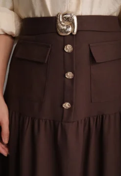 Brązowa Elegancka Spódnica z Wiskozą i Lnem o Rozkloszowanym Kroju Phridoe
