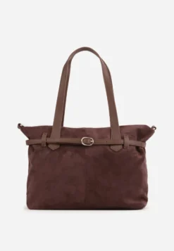 Brązowa Elegancka Torebka Shopper Bag o Fakturze Zamszu z Paskiem z Klamerką Mudrey