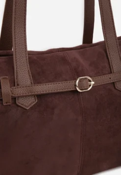 Brązowa Elegancka Torebka Shopper Bag o Fakturze Zamszu z Paskiem z Klamerką Mudrey