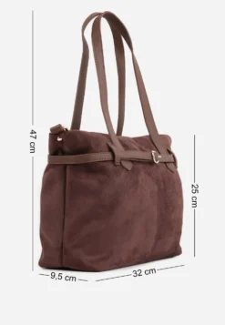 Brązowa Elegancka Torebka Shopper Bag o Fakturze Zamszu z Paskiem z Klamerką Mudrey