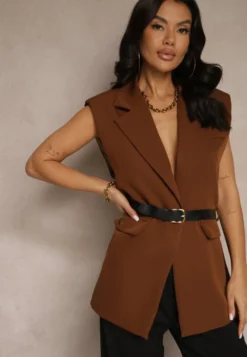 Brązowa Kamizelka Oversize w Garniturowym Stylu z Guzikiem i Paskiem z Klamrą Galazia