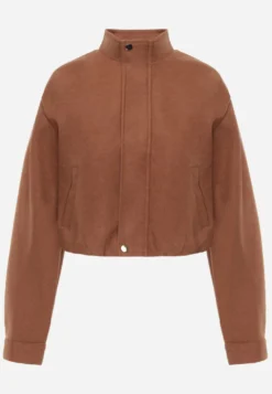 Brązowa Kurtka Przejściowa Bomber Jacket ze Stójką z Wełną i Bawełną Bioneza