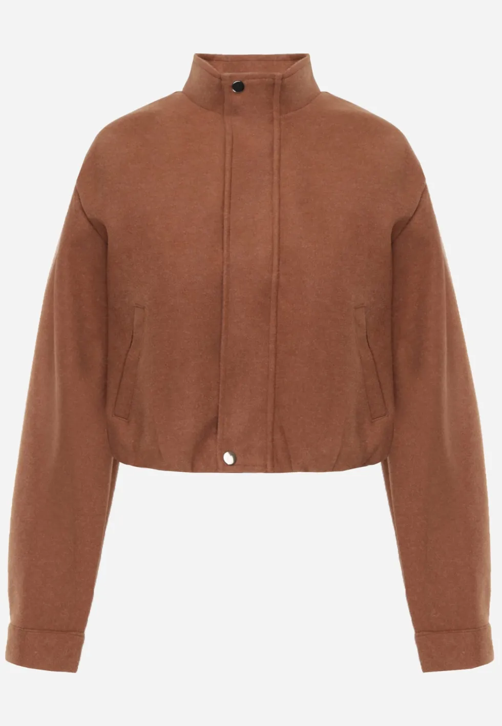 Brązowa Kurtka Przejściowa Bomber Jacket ze Stójką z Wełną i Bawełną Bioneza
