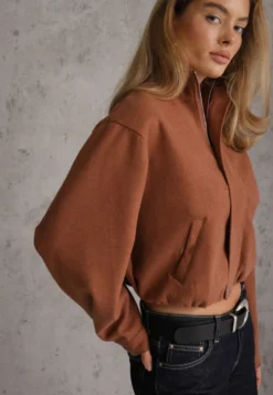 Brązowa Kurtka Przejściowa Bomber Jacket ze Stójką z Wełną i Bawełną Bioneza