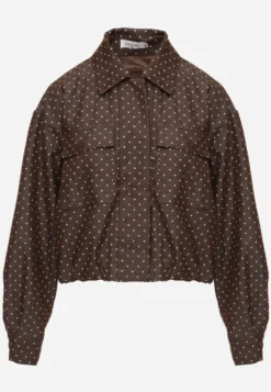 Brązowa Kurtka Przejściowa Bomber Jacket o Koszulowym Kroju z Bawełną w Groszki Erittese