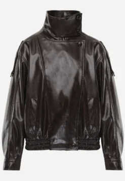 Brązowa Kurtka Przejściowa Bomber Jacket z Imitacji Skóry z Połyskiem z Wysoką Stójką Blazara