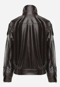 Brązowa Kurtka Przejściowa Bomber Jacket z Imitacji Skóry z Połyskiem z Wysoką Stójką Blazara