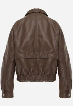 Brązowa Kurtka Przejściowa Ramoneska w Stylu Bomber Jacket z Kołnierzykiem Rajvia