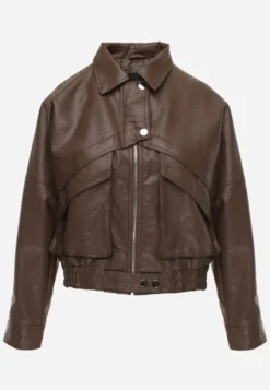 Brązowa Kurtka Przejściowa Ramoneska w Stylu Bomber Jacket z Kołnierzykiem Rajvia