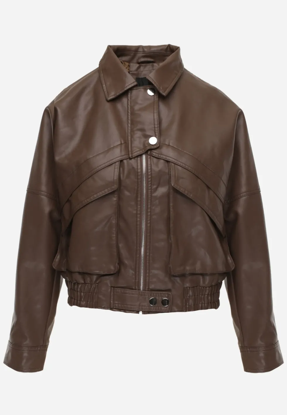 Brązowa Kurtka Przejściowa Ramoneska w Stylu Bomber Jacket z Kołnierzykiem Rajvia