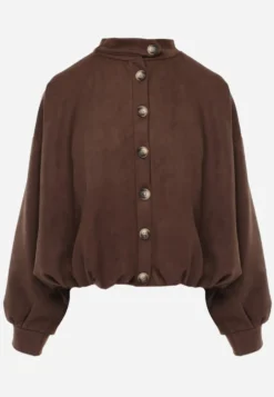 Brązowa Kurtka Przejściowa w Stylu Preppy o Fasonie Bomberki z Guzikami Zirafena