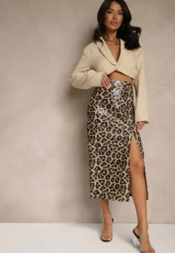 Brązowa Ołówkowa Spódnica High Waist w Panterkę z Rozcięciem Tamionwea