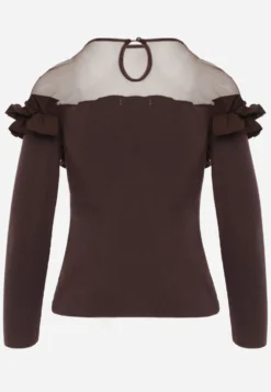 Brązowa Prążkowana Bluzka z Siateczką na Dekolcie i Falbankami Kaitilla