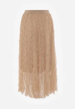 Brązowa Półtransparentna Spódnica z Tłoczeniami o Rozkloszowanym Kroju z Gumką w Talii Zeridra