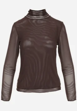 Brązowa Siateczkowa Bluzka Longsleeve z Golfem o Dopasowanym Kroju Yenlea
