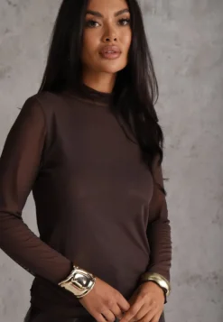 Brązowa Siateczkowa Bluzka Longsleeve z Golfem o Dopasowanym Kroju Yenlea
