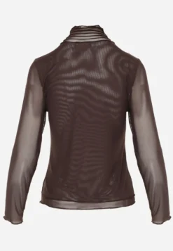 Brązowa Siateczkowa Bluzka Longsleeve z Golfem o Dopasowanym Kroju Yenlea