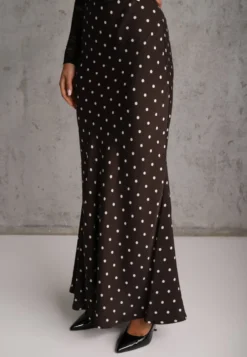 Brązowa Spódnica High Waist w Kropki o Trapezowym Kroju Ravea