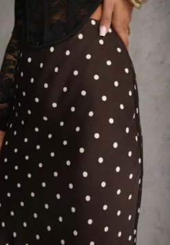 Brązowa Spódnica High Waist w Kropki o Trapezowym Kroju Ravea