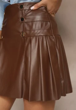 Brązowa Spódnica z Bawełną High Waist z Imitacji Skóry z Napami Tillaria