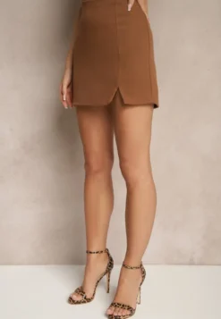 Brązowa Spódnica z Wiskozą High Waist Ozdobiona Rozcięciem Delonis