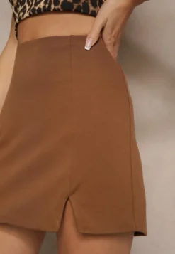 Brązowa Spódnica z Wiskozą High Waist Ozdobiona Rozcięciem Delonis